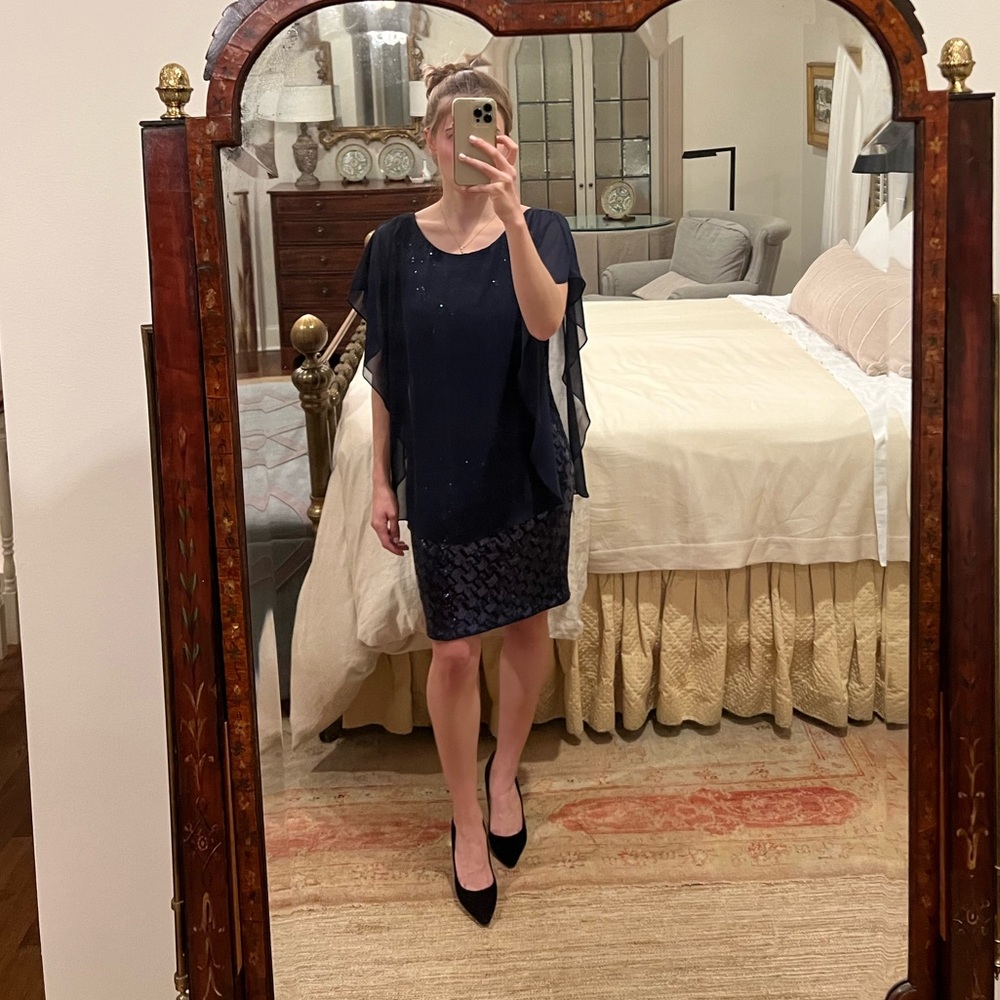 Navy Blue Sequined Cocktail Dress with Cape and Open Back